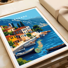 Lefkada Greece Travel Print showcasing colorful coastal village and boats in tranquil waters.