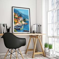Lefkada Greece Travel Print showcasing vibrant coastal scenery in a stylish home office setting.