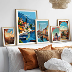 Lefkada Greece Travel Print showcased among other travel art prints in a stylish living room decor.