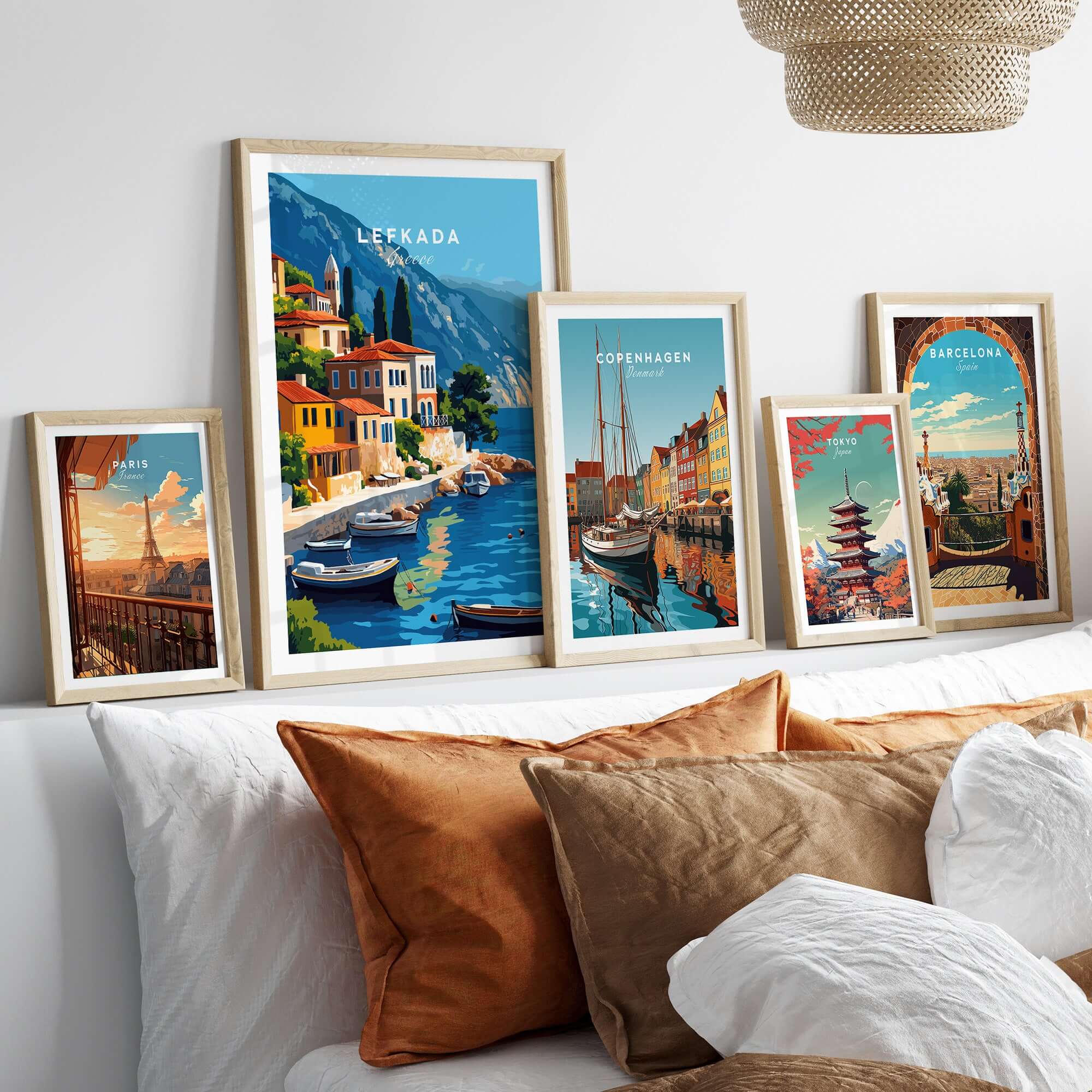 Lefkada Greece Travel Print showcased among other travel art prints in a stylish living room decor.