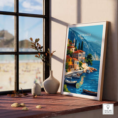 Lefkada Greece Travel Print showcasing vibrant coastal scenery and colorful houses by the beach.