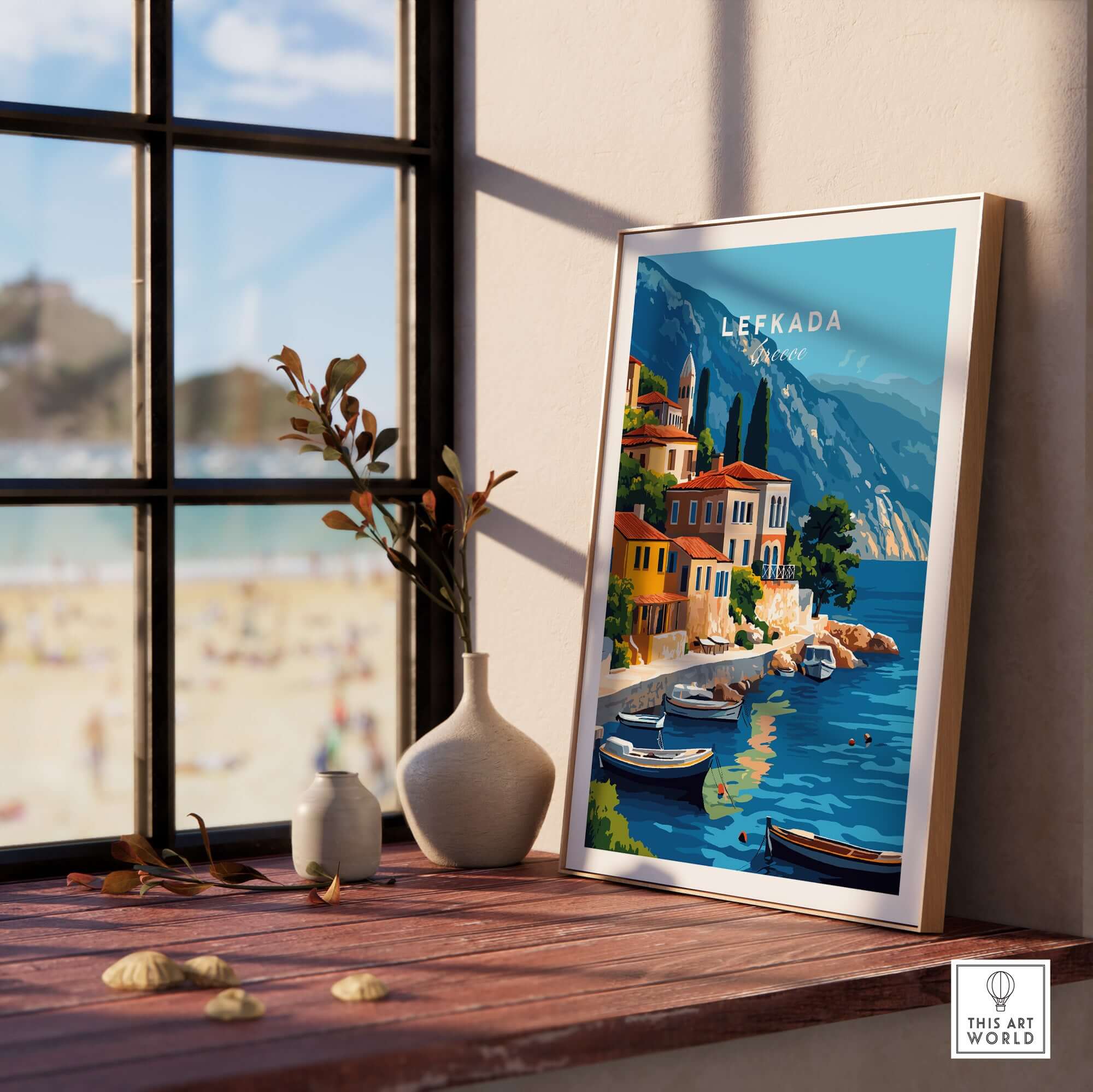 Lefkada Greece Travel Print showcasing vibrant coastal scenery and colorful houses by the beach.