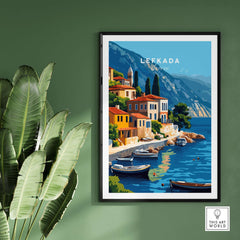 Lefkada Greece Travel Print with vibrant colors depicting stunning landscapes of Lefkada island.