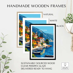 Lefkada Greece Travel Print framed in handmade wooden frames in natural, white, and black finishes.
