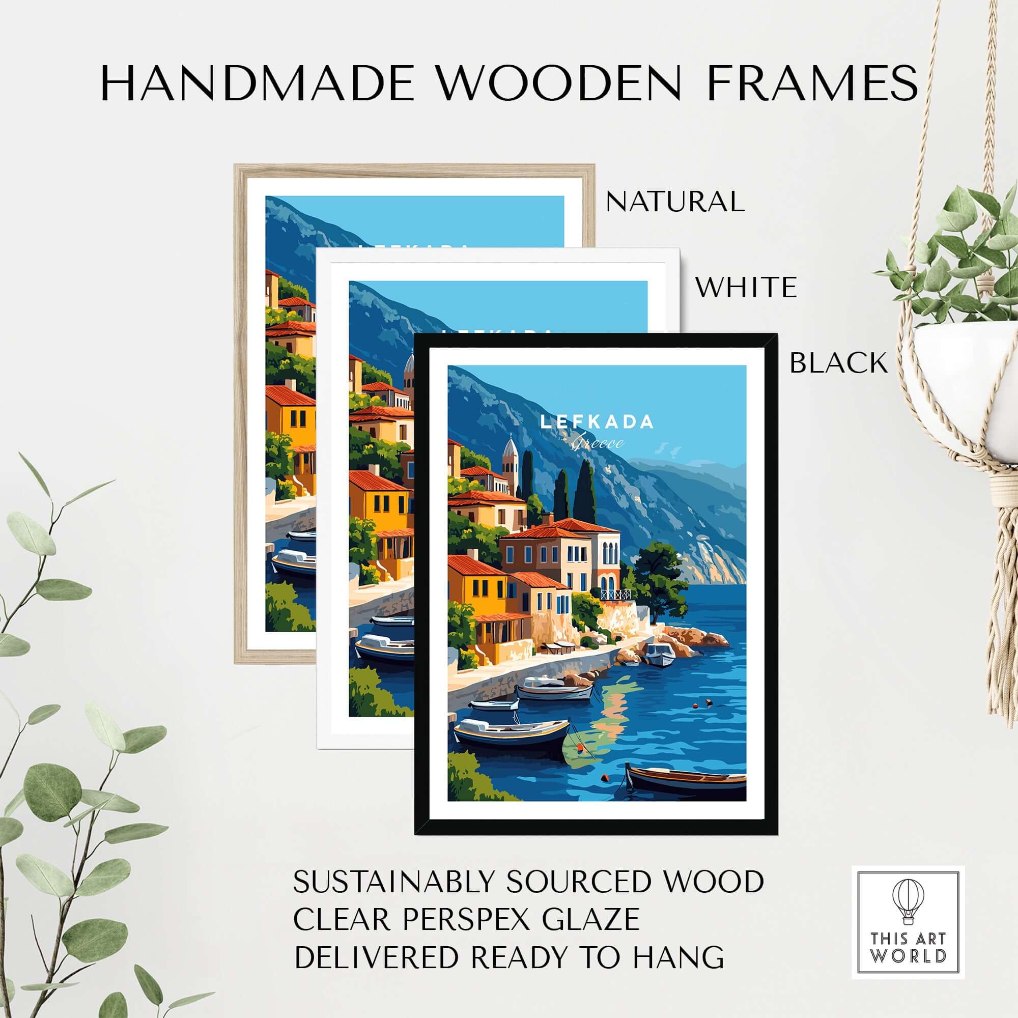 Lefkada Greece Travel Print framed in handmade wooden frames in natural, white, and black finishes.