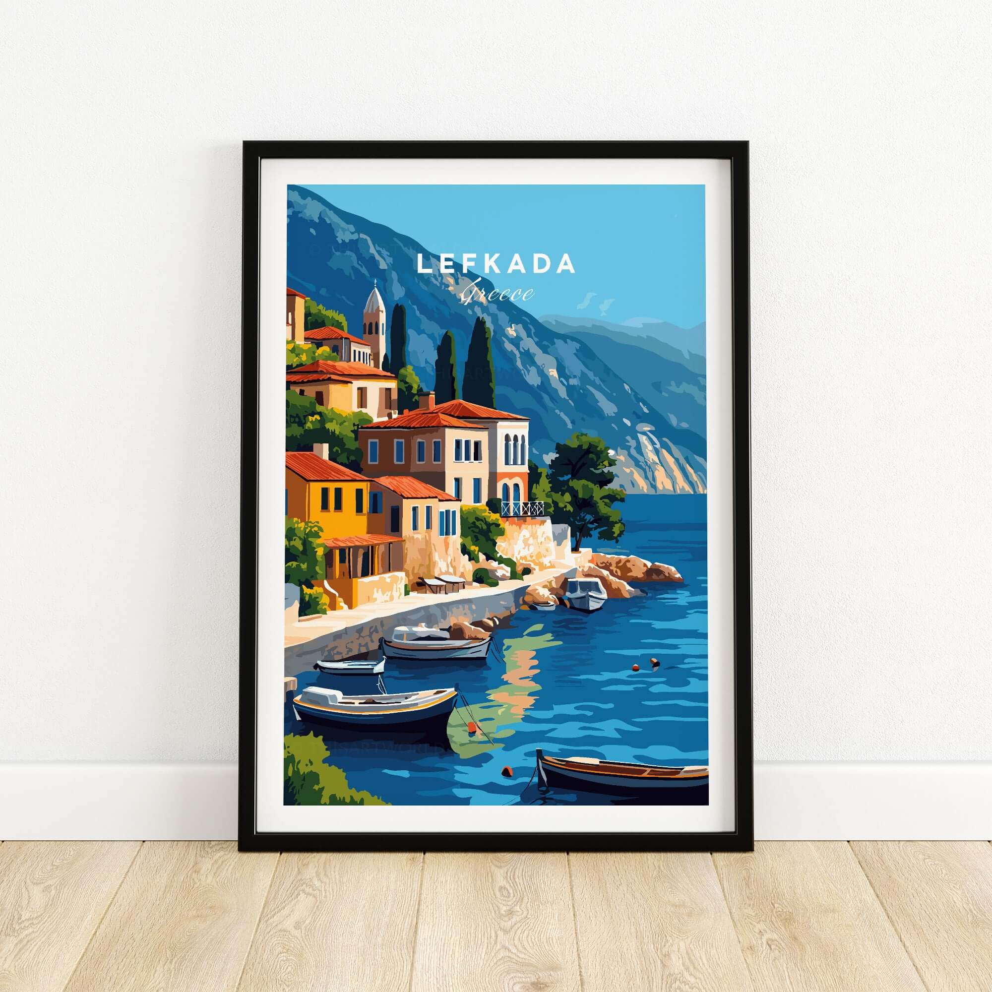 Lefkada Greece Travel Print showcasing vibrant landscapes and scenic views of the island's charming architecture and waters.