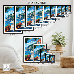 Lefkada Greece Wall Art size guide showcasing various frame sizes for home decor options.