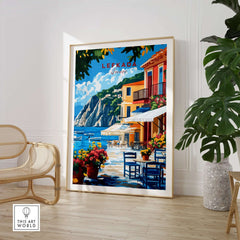 Lefkada Greece Wall Art showcasing vibrant town scenery and Mediterranean charm in a stylish framed print.