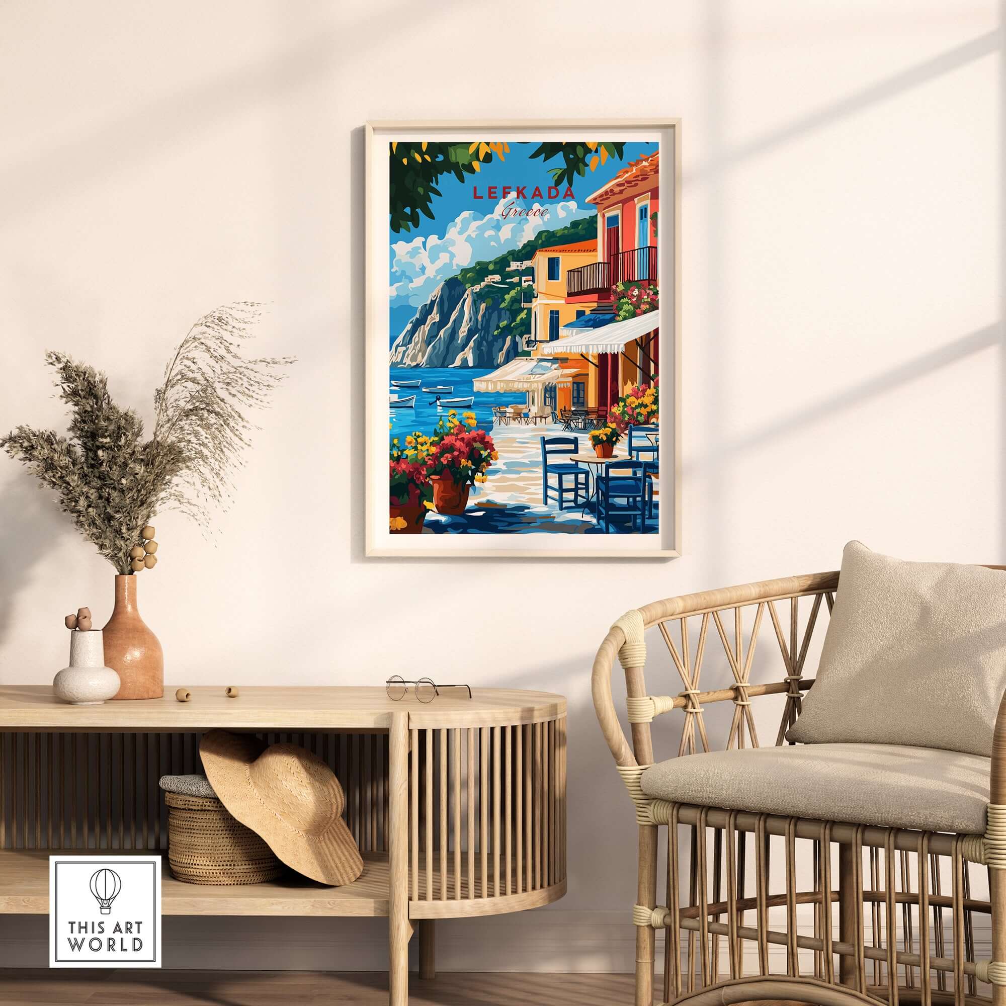 Lefkada Greece Wall Art showcasing vibrant scenes of Lefkada Town in a stylish home setting.