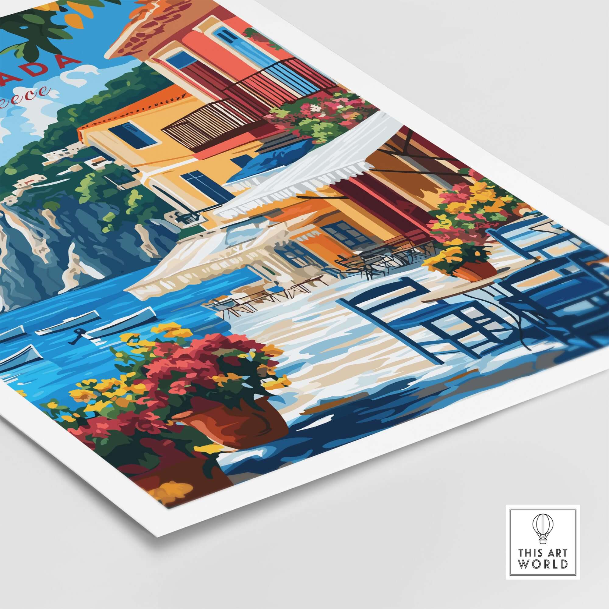 Lefkada Greece Wall Art showcasing vibrant street scenery and colorful flowers by the waterfront.