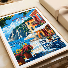 Lefkada Greece Wall Art depicting the colorful streets and stunning coastline of Lefkada with vibrant details.