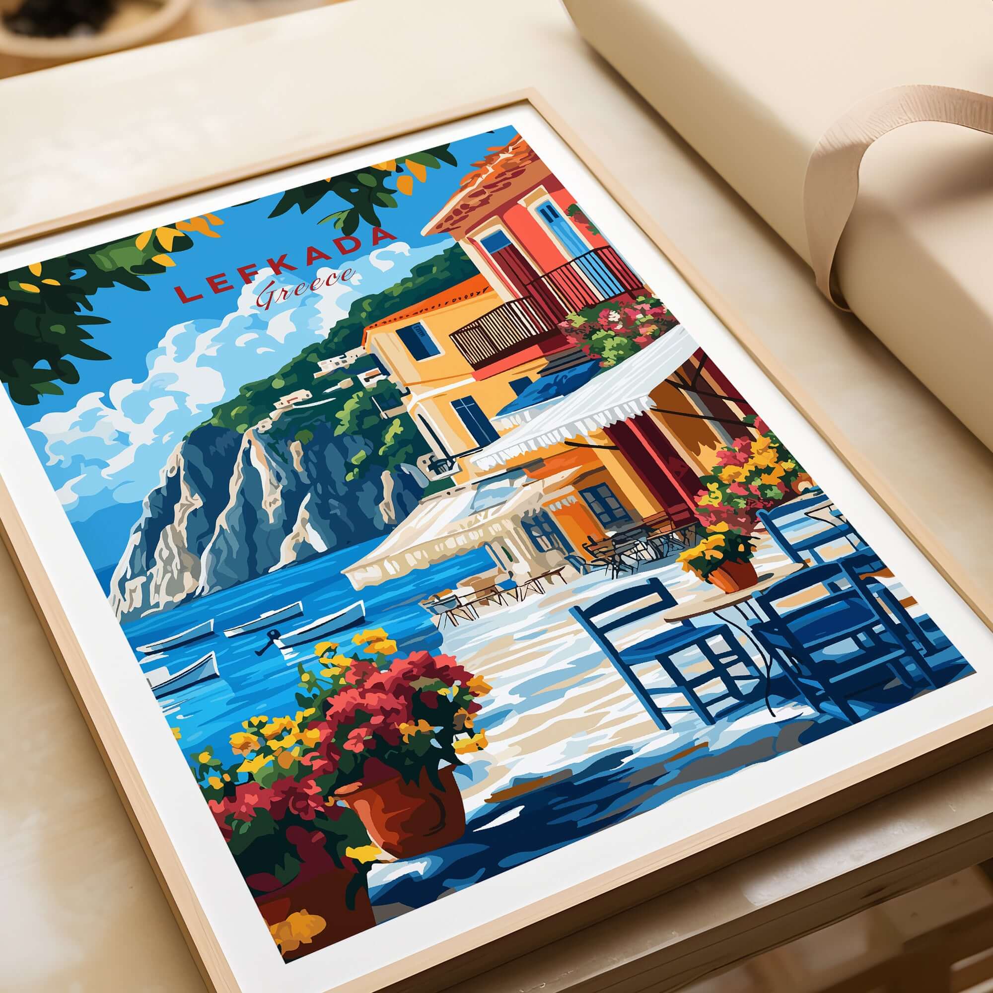 Lefkada Greece Wall Art depicting the colorful streets and stunning coastline of Lefkada with vibrant details.