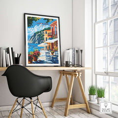 Lefkada Greece Wall Art showcasing vibrant colors and intricate details of Lefkada Town in a stylish interior setting.