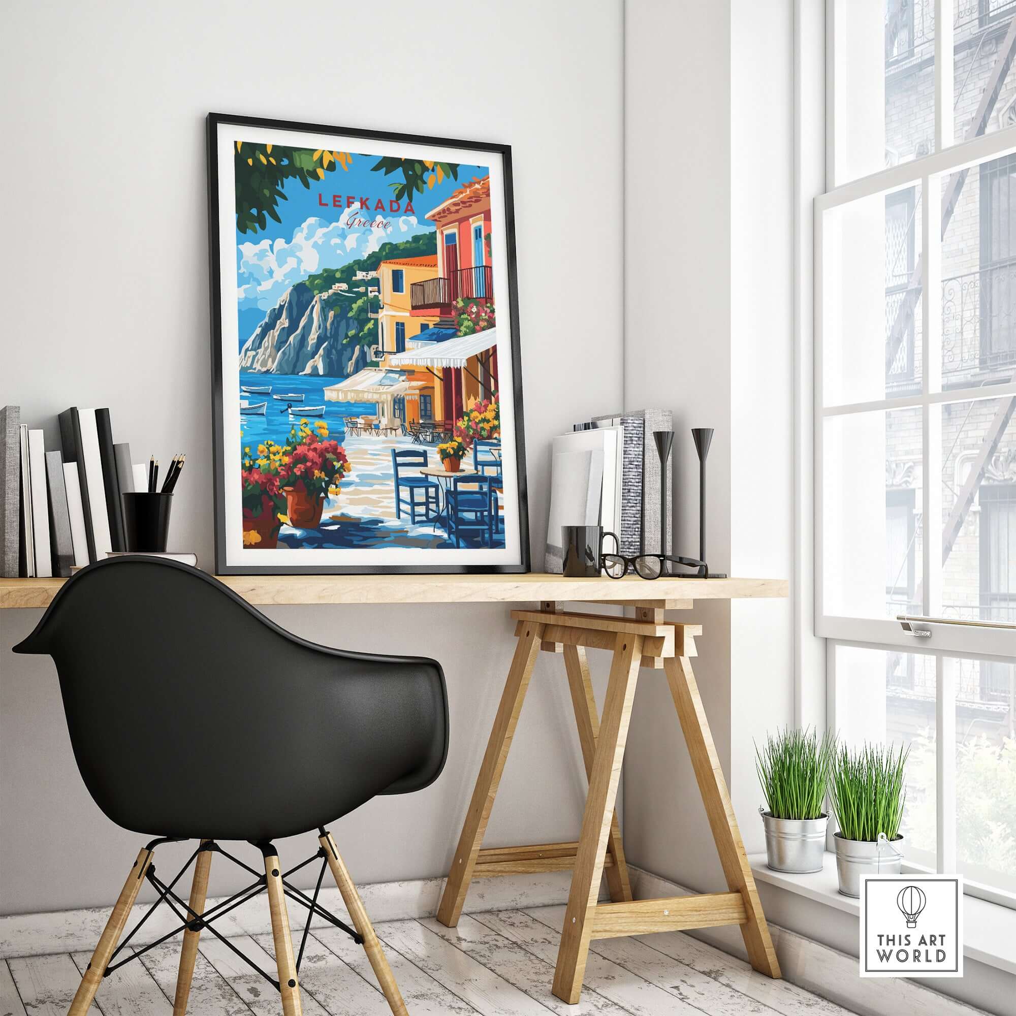 Lefkada Greece Wall Art showcasing vibrant colors and intricate details of Lefkada Town in a stylish interior setting.