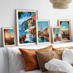 Lefkada Greece Wall Art collection featuring colorful prints of Lefkada Town and other cities in stylish frames.