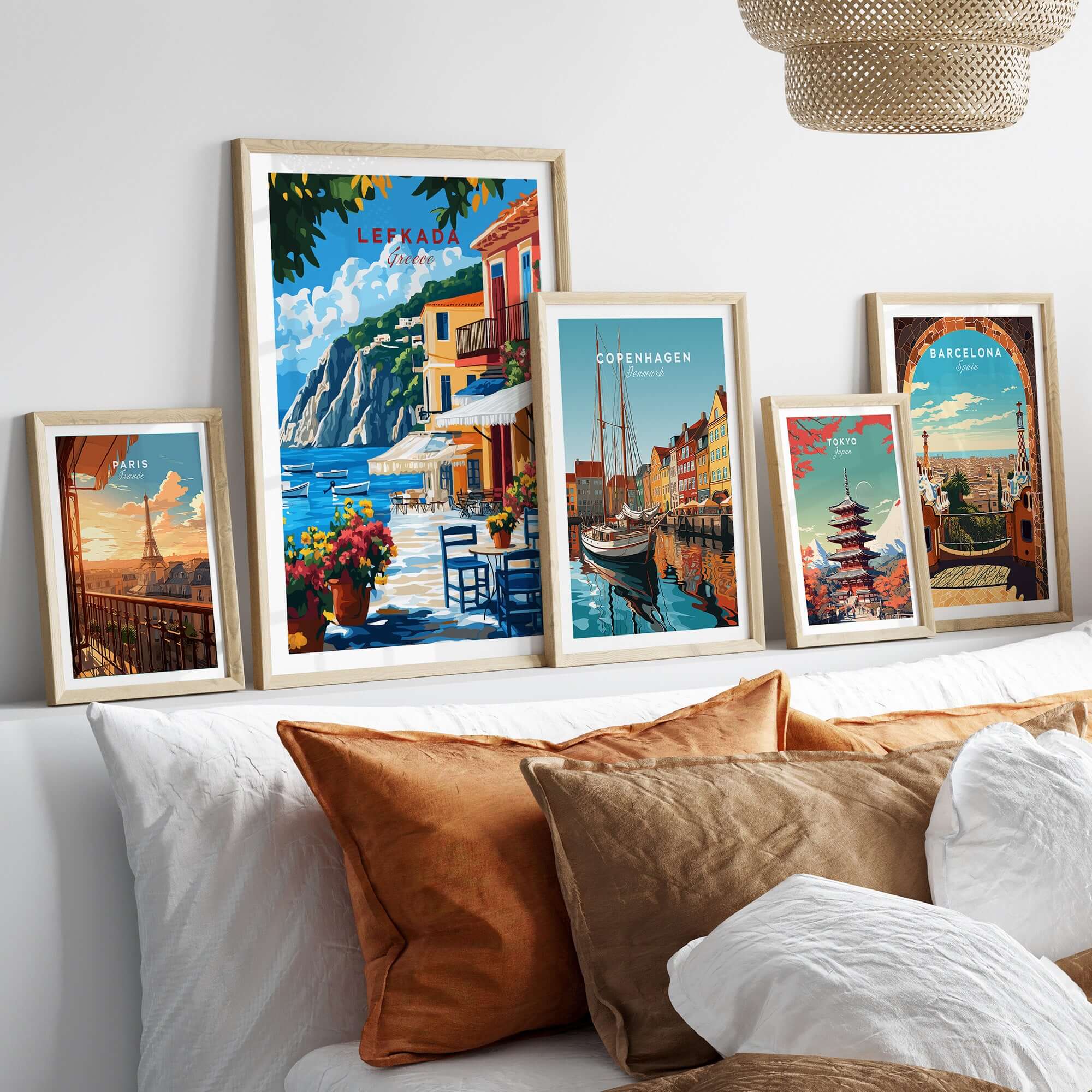 Lefkada Greece Wall Art collection featuring colorful prints of Lefkada Town and other cities in stylish frames.