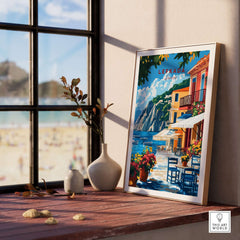 Lefkada Greece Wall Art featuring vibrant colors and intricate details of Lefkada Town beside a beach.