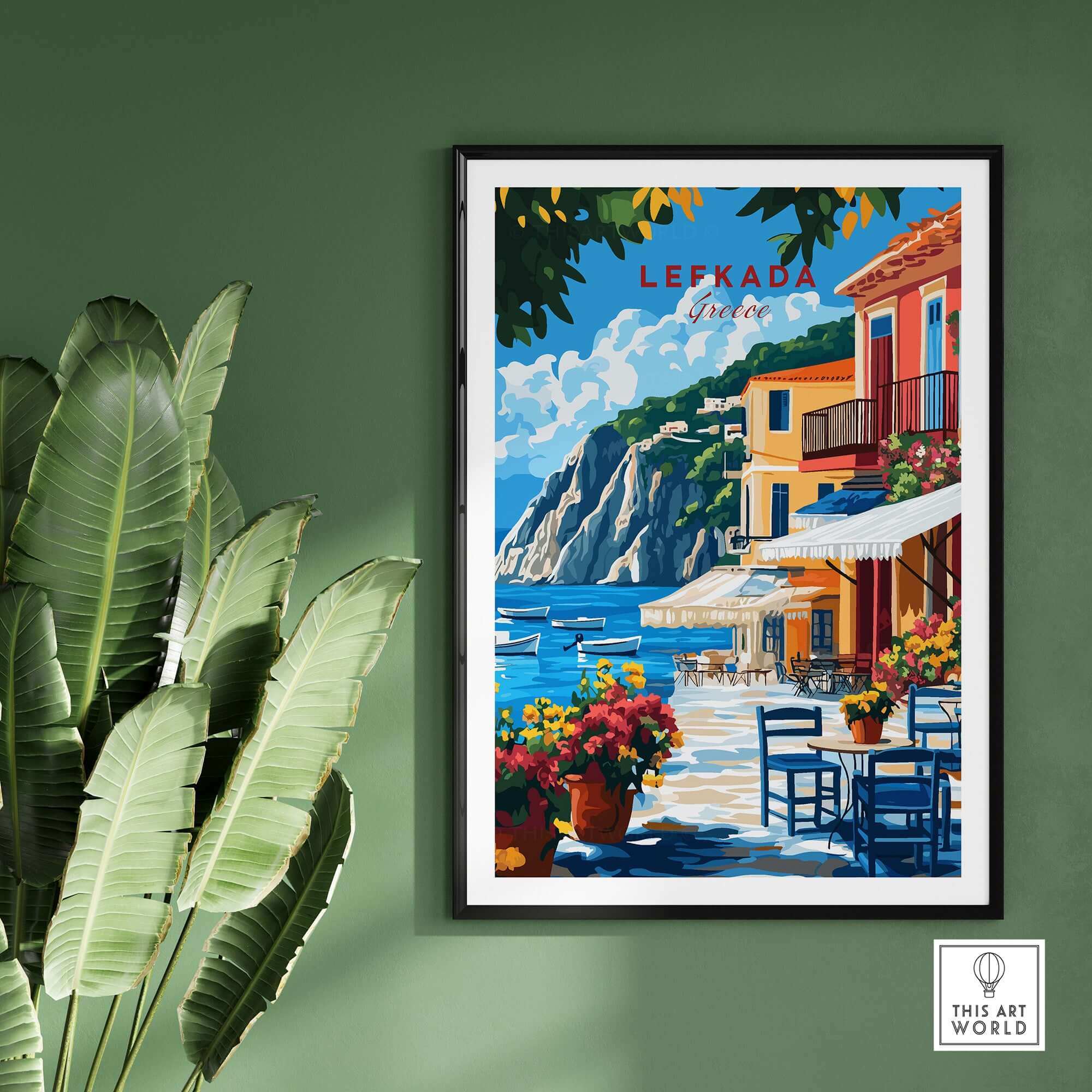 Lefkada Greece Wall Art featuring vibrant views of Lefkada Town with colorful houses and scenic landscapes.