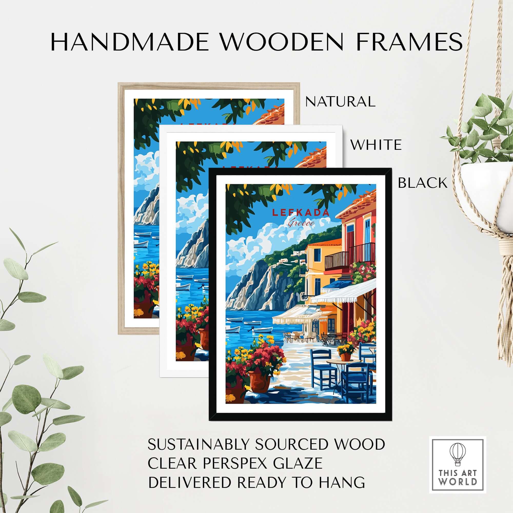 Lefkada Greece Wall Art with handmade wooden frames in natural, white, and black options.