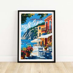 Lefkada Greece Wall Art showcasing vibrant coastal scenery of Lefkada Town with colorful buildings and flowers.