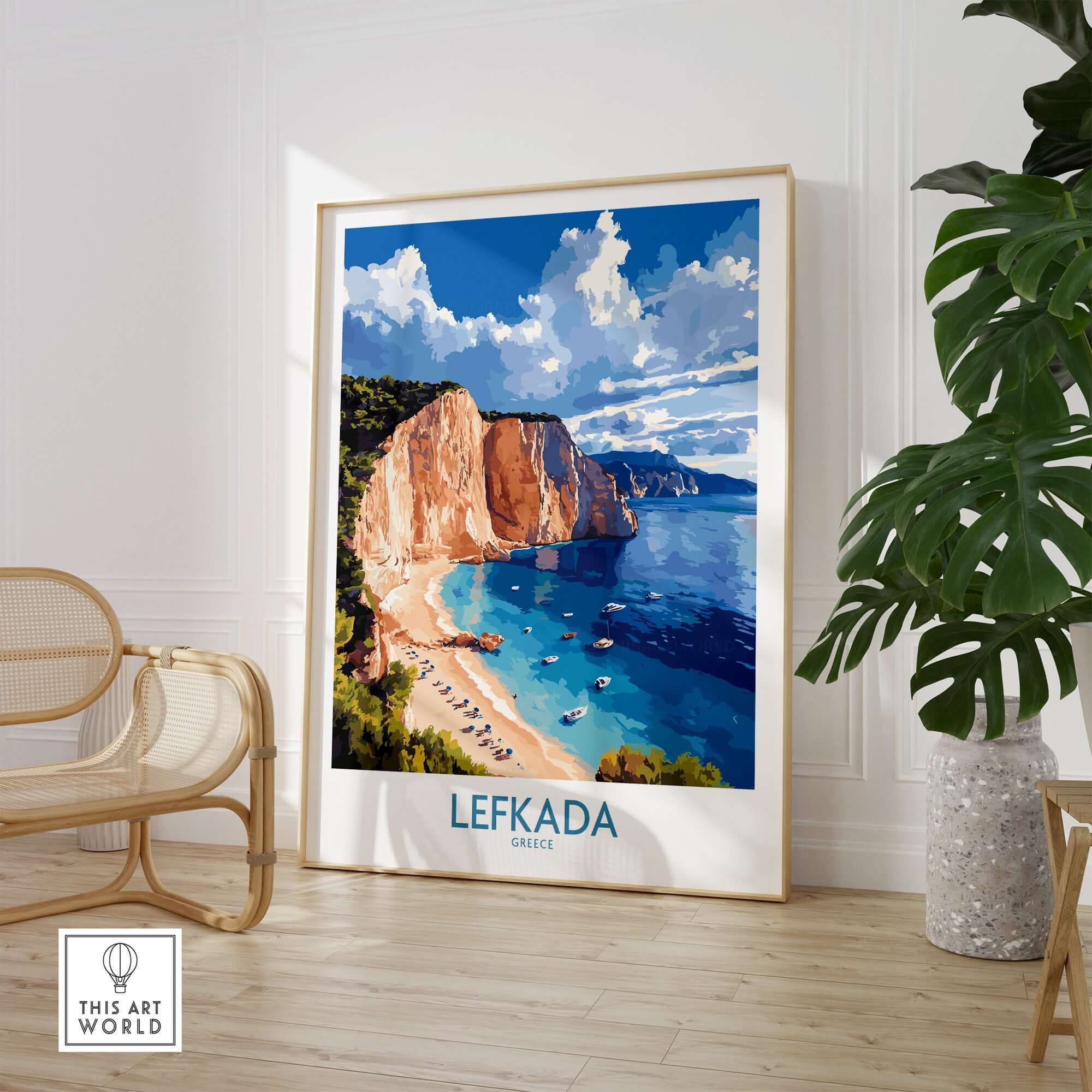 Lefkada Poster Greece showcasing stunning beach cliffs and vibrant colors in a stylish home setting.