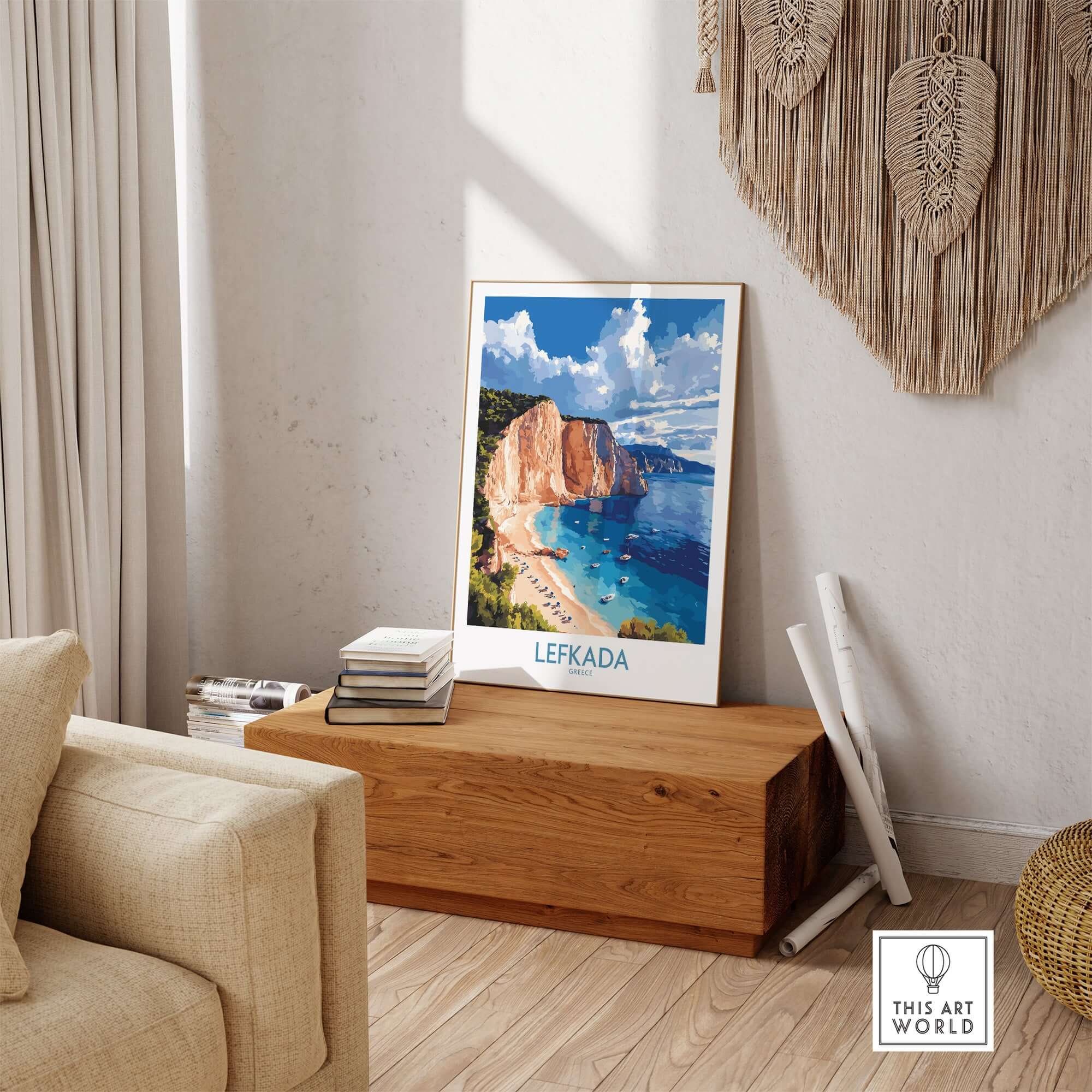 Lefkada Poster Greece displayed in a cozy living room, showcasing stunning beach cliffs and Mediterranean beauty.