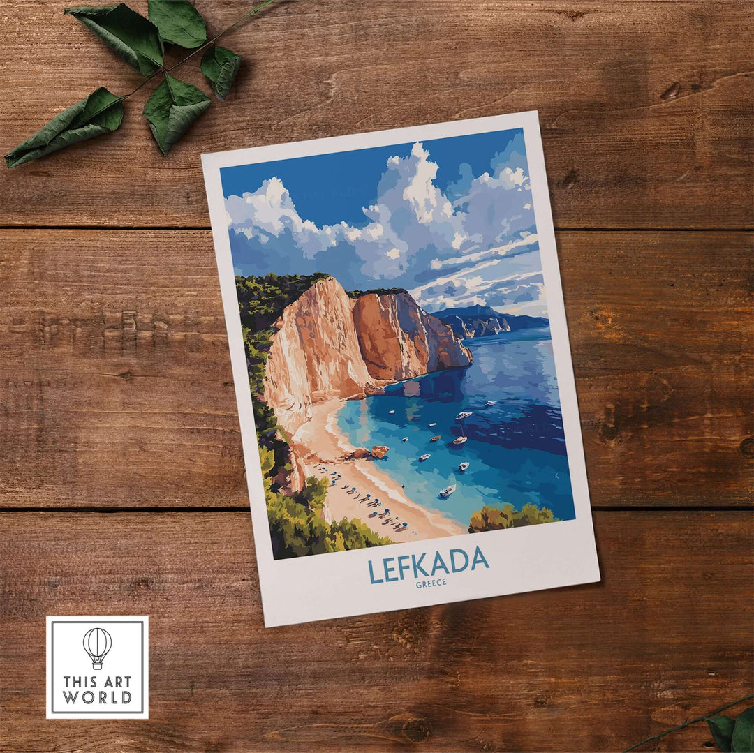 Lefkada poster showcasing stunning beach cliffs and azure waters of Greece, perfect for home decor and wanderlust inspiration.