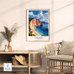 Lefkada Poster Greece showcased in a stylish interior setting with beach cliffs and turquoise water.