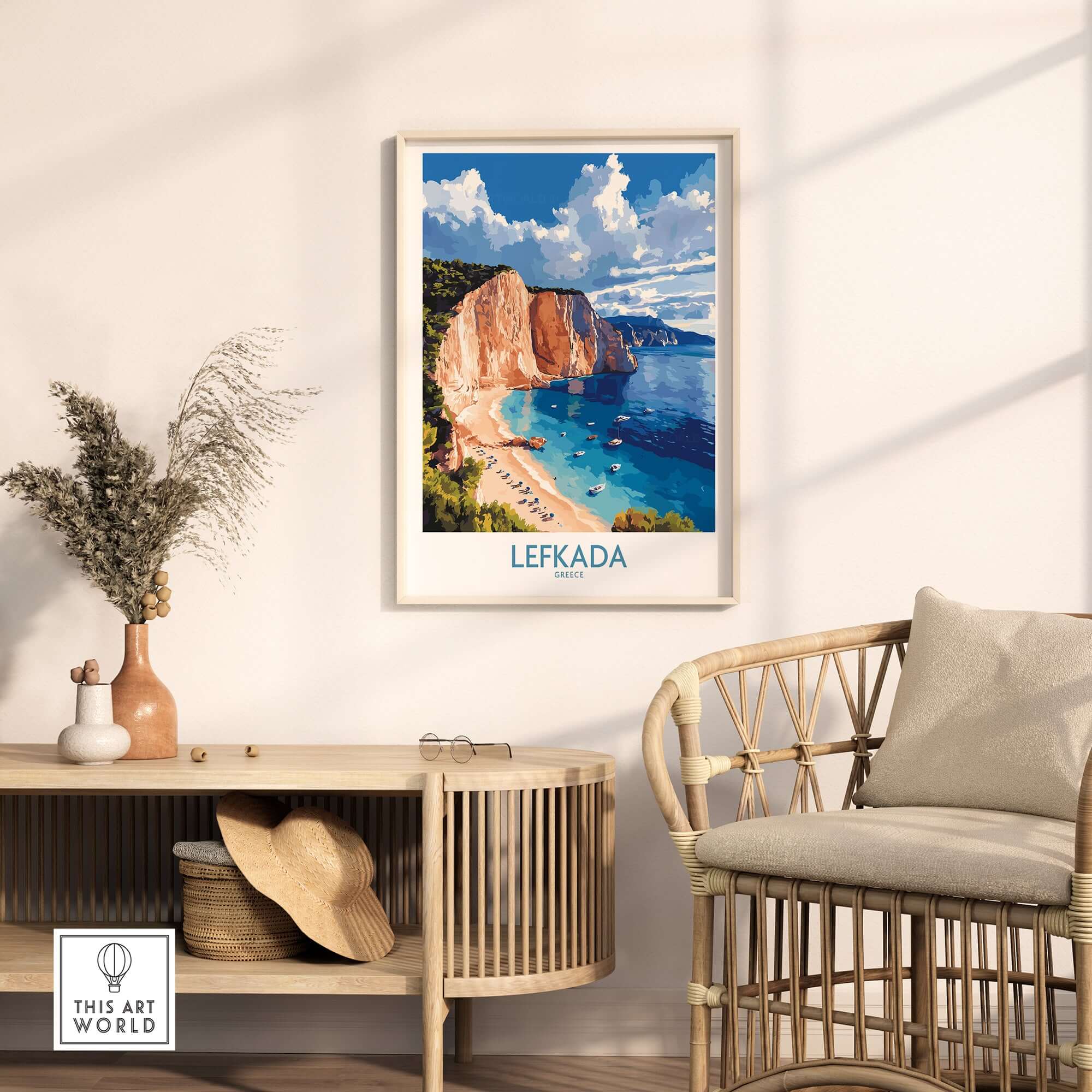 Lefkada Poster Greece showcased in a stylish interior setting with beach cliffs and turquoise water.