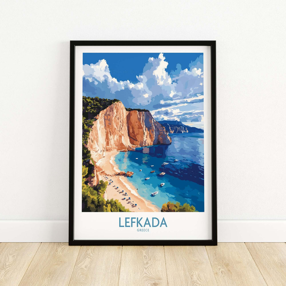 Lefkada poster showcasing stunning beach cliffs and vibrant blue waters, capturing the beauty of Greece.