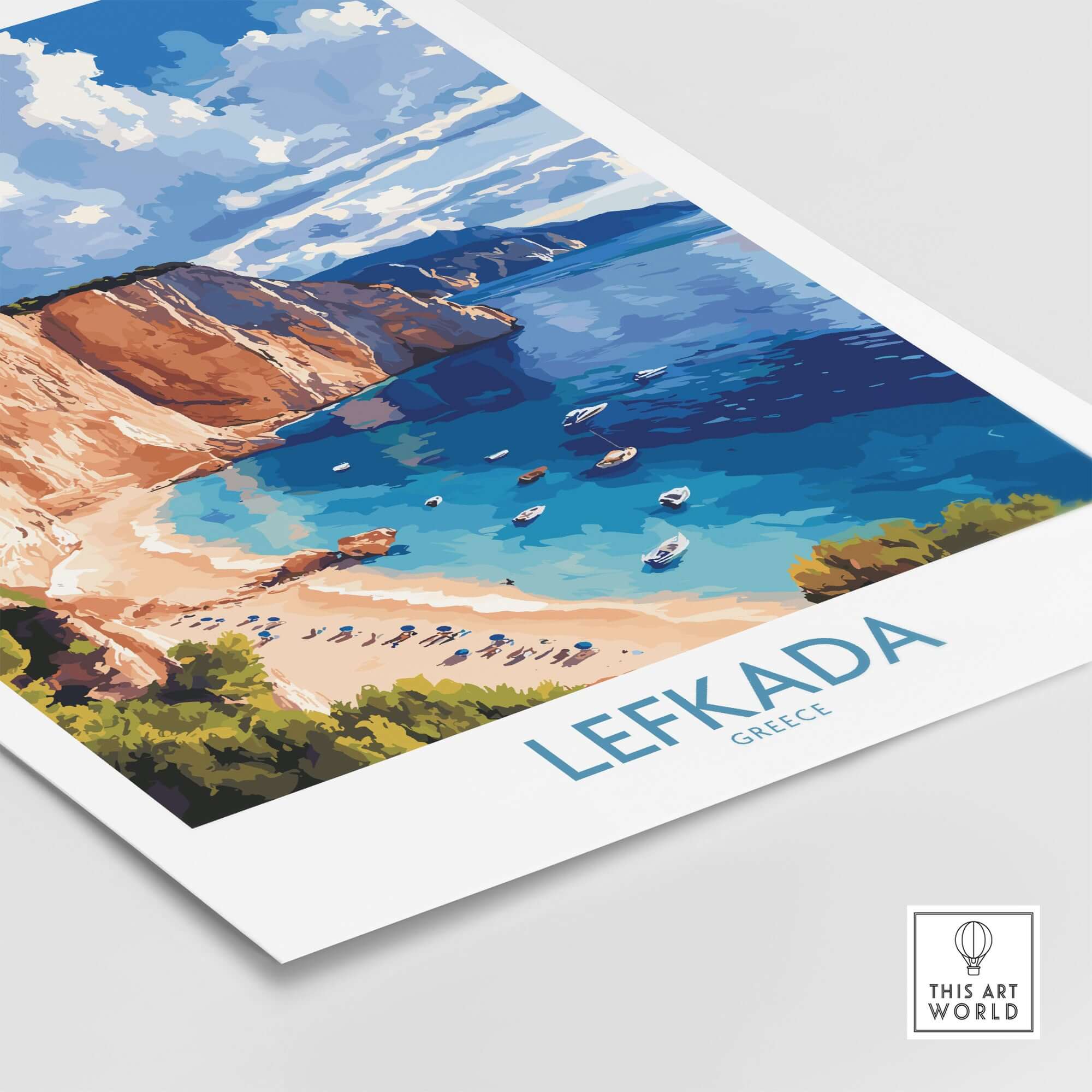 Lefkada Poster Greece featuring stunning beach cliffs and turquoise waters of Lefkada island.