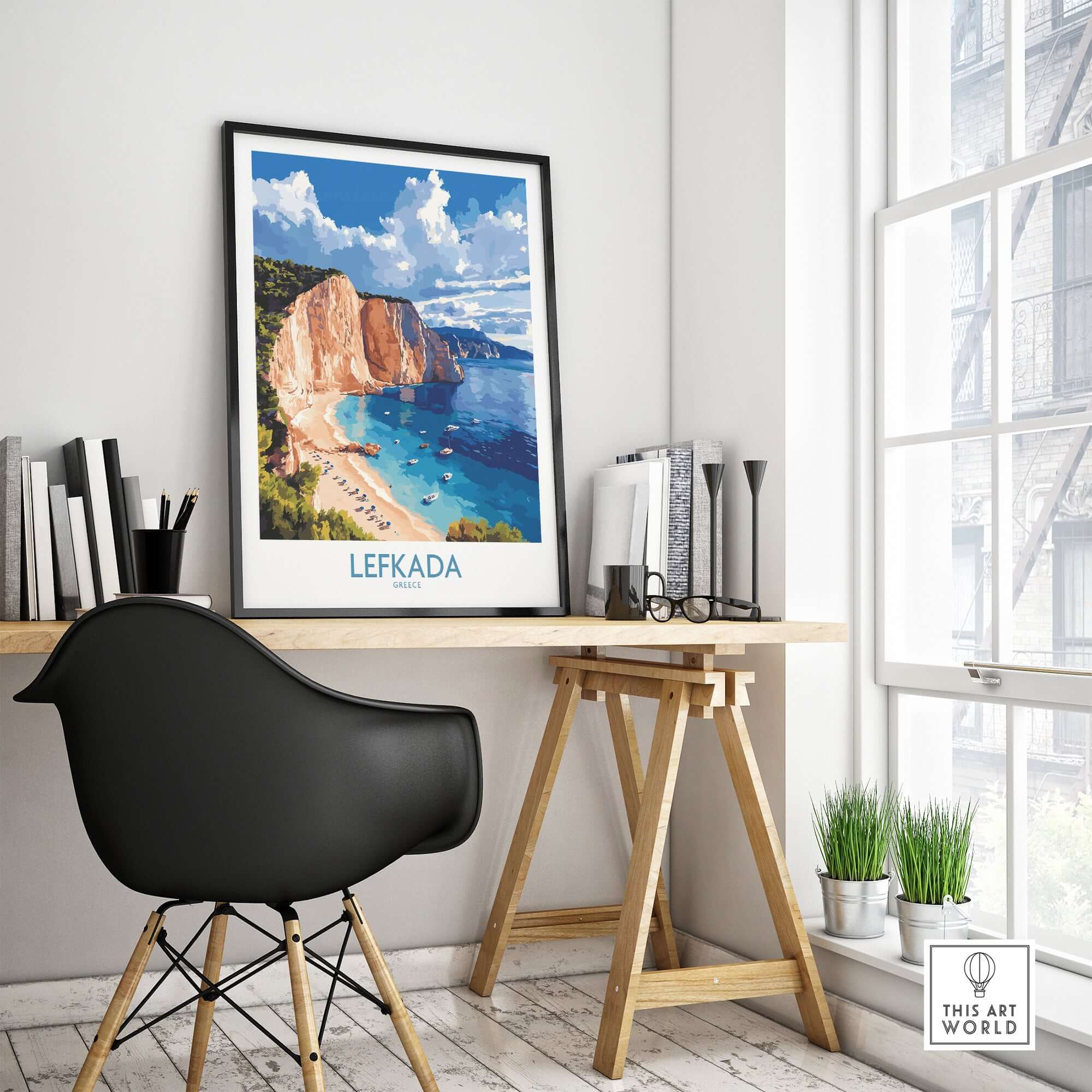 Lefkada Poster Greece displayed in a modern workspace with beach cliffs and clear blue waters.
