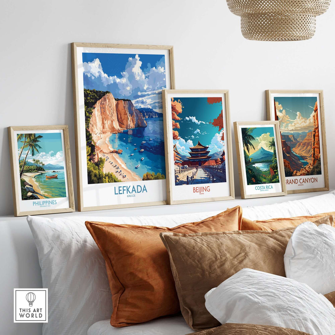 Framed Lefkada poster along with other travel posters, showcasing beautiful beach cliffs and vibrant landscapes.