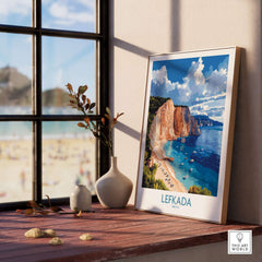 Lefkada Poster Greece displayed on a wooden table with a beach view in the background, capturing the beauty of Greece.