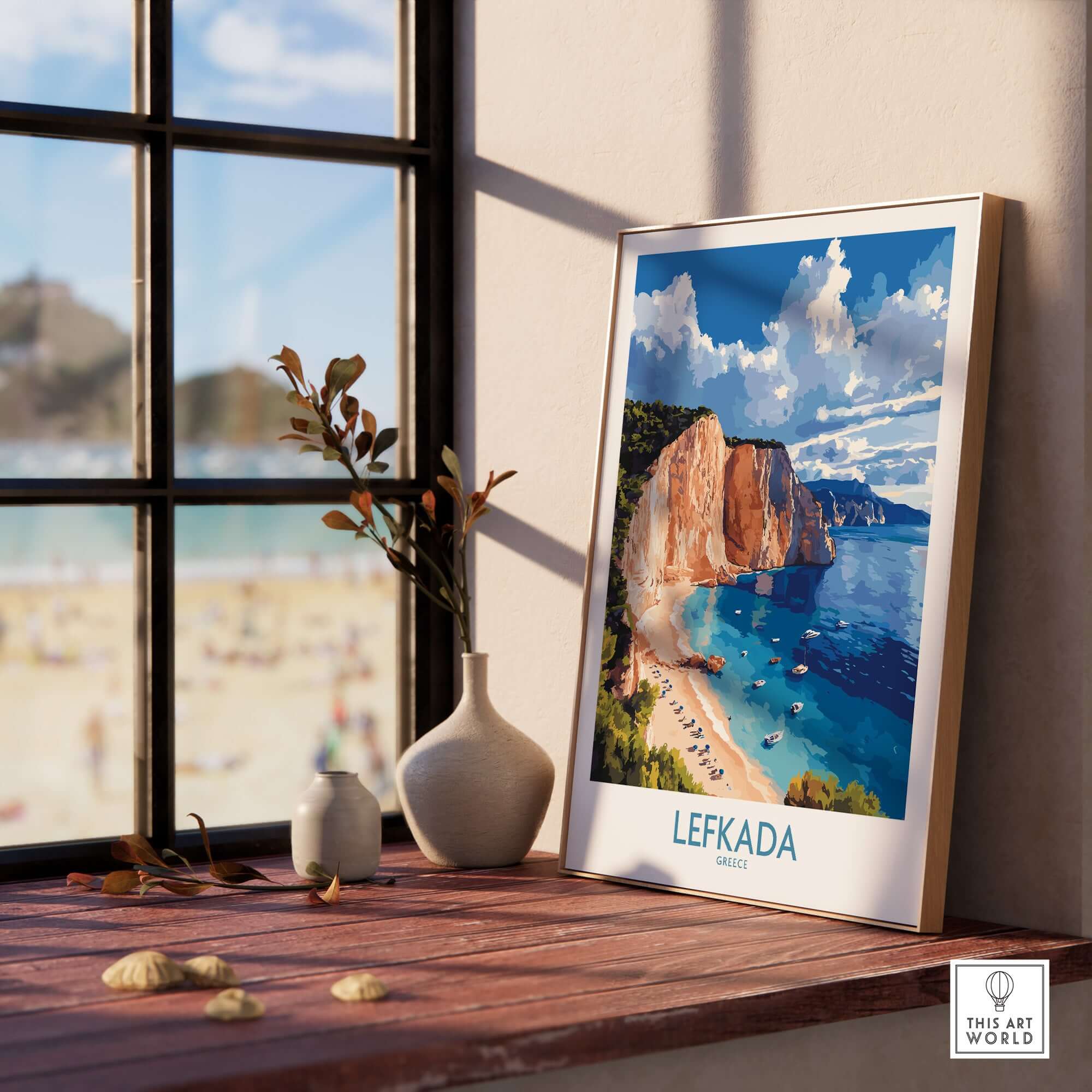 Lefkada Poster Greece displayed on a wooden table with a beach view in the background, capturing the beauty of Greece.