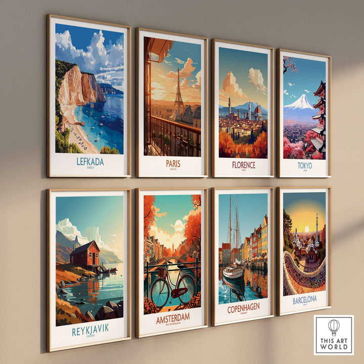 Collection of travel posters featuring Lefkada, Paris, Florence, Tokyo, Reykjavik, Amsterdam, Copenhagen, and Barcelona.