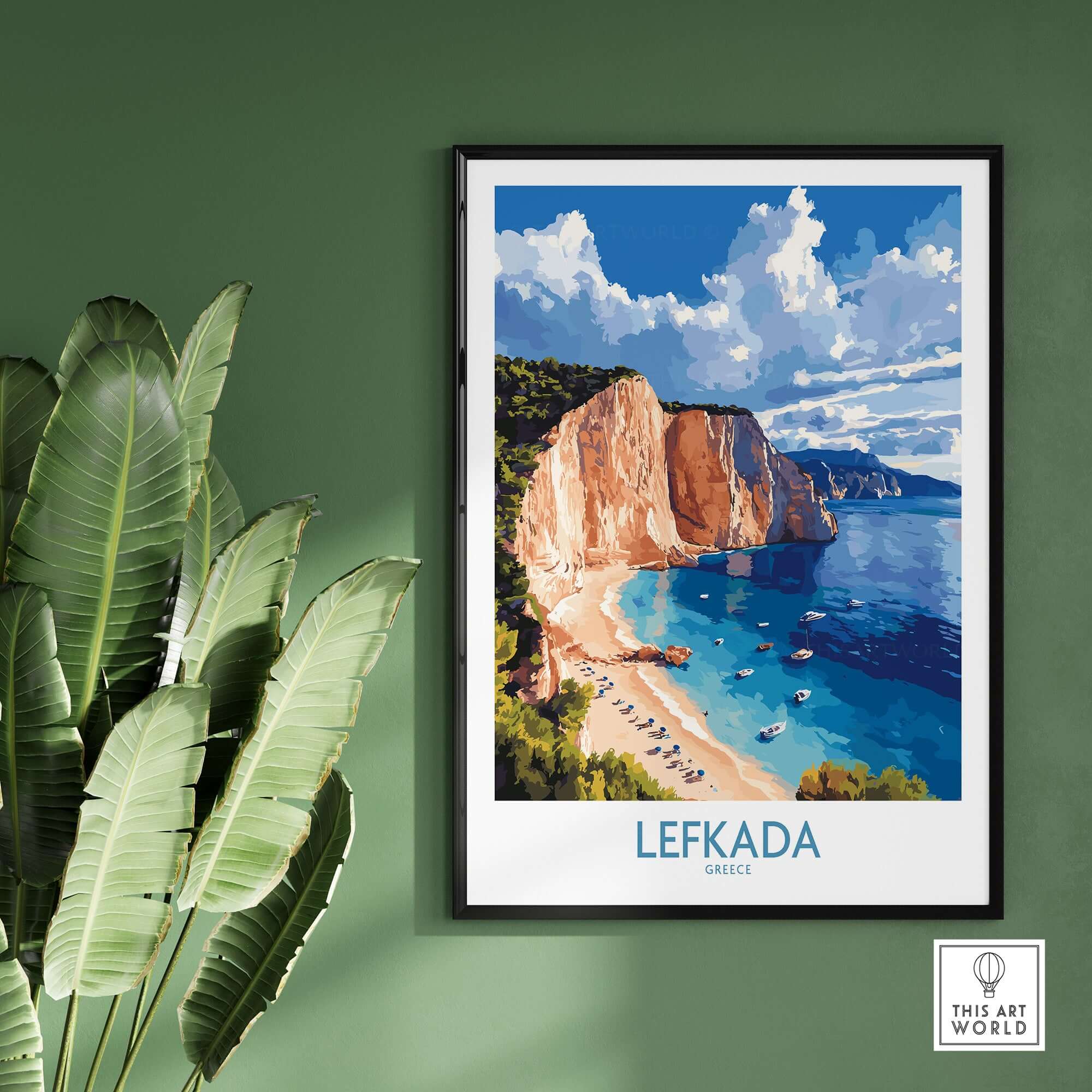 Lefkada Poster Greece showcasing stunning beach cliffs and vibrant Mediterranean scenery.
