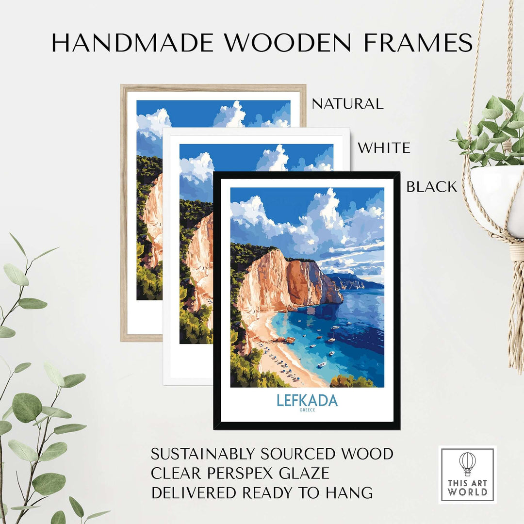 Handmade wooden frames for Lefkada poster in natural, white, and black finishes, showcasing stunning beach cliffs.