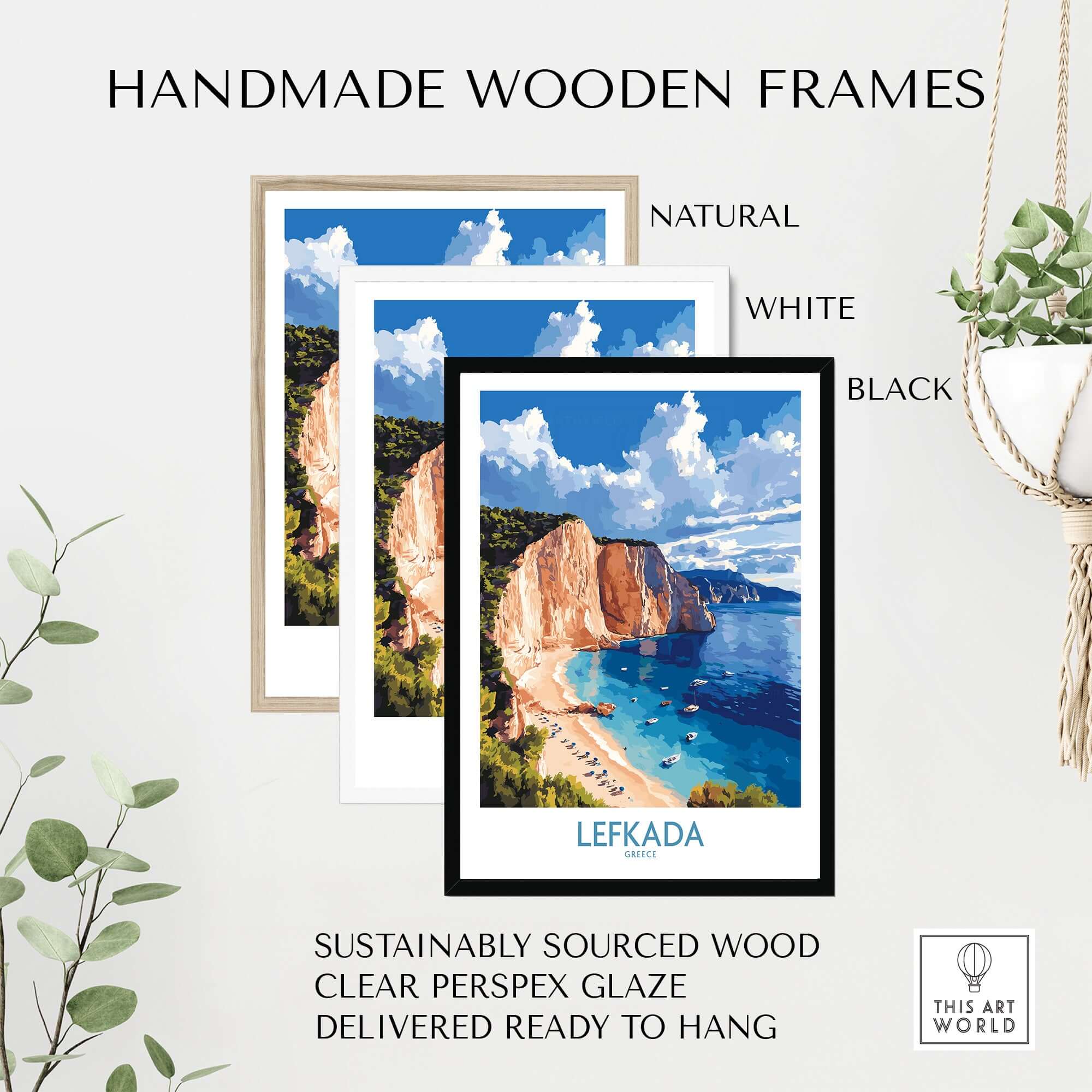 Lefkada Poster Greece framed in handmade wooden frames in natural, white, and black finishes.