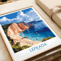 Lefkada Poster Greece featuring stunning beach cliffs and crystal-clear waters, perfect for home decor.