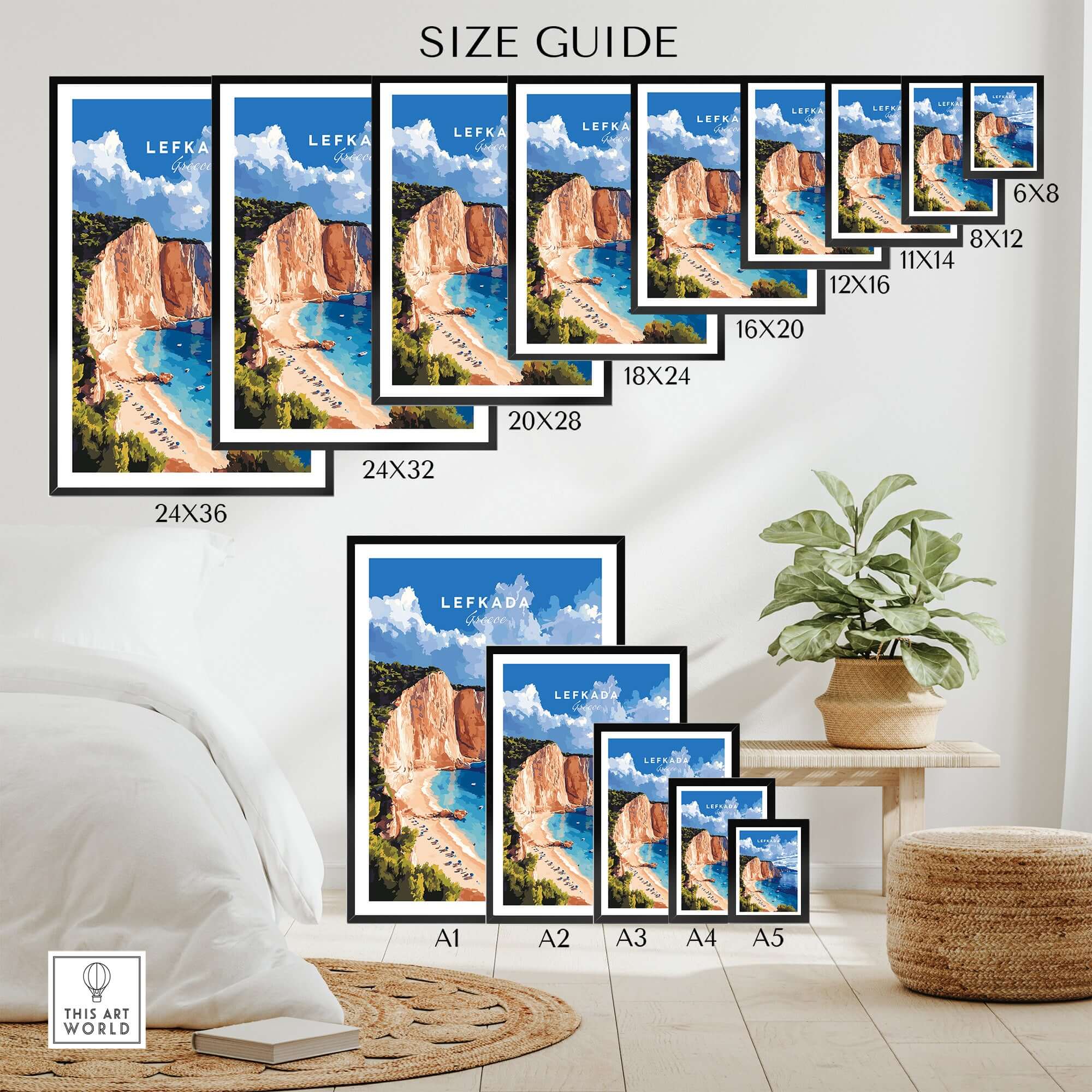 Lefkada Print Greece size guide with various frame sizes showcased in a beautiful setting.