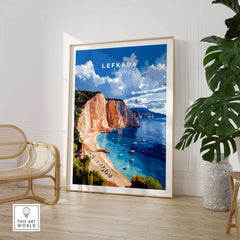 Lefkada Print Greece featuring a stunning beach scene in a vibrant framed artwork.