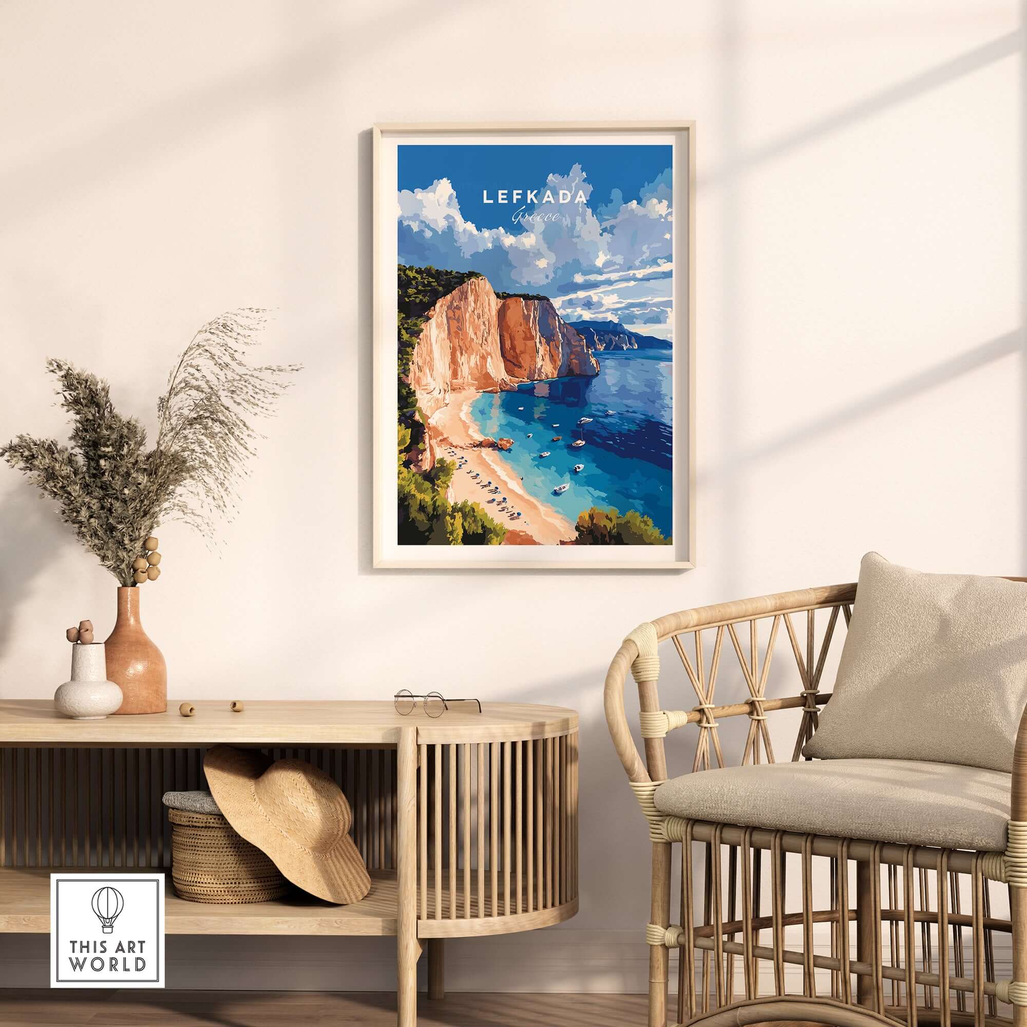 Lefkada Print Greece showcasing a stunning beach scene in a beautifully styled interior setting.