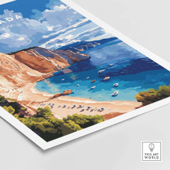 Lefkada Print Greece featuring a stunning beach scene with vibrant colors and boats on the water.