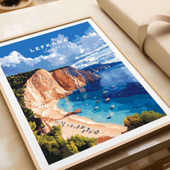 Lefkada Print Greece showcasing a vibrant beach scene with blue waters and cliffs, bringing Mediterranean charm.