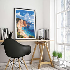 Lefkada Print Greece featuring a beautiful beach scene in a stylish home office setting.