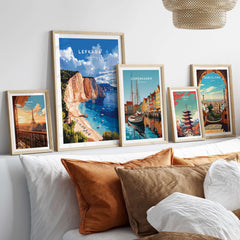 Lefkada Print Greece collection displayed on a stylish couch, showcasing stunning travel art of Greece and other cities.