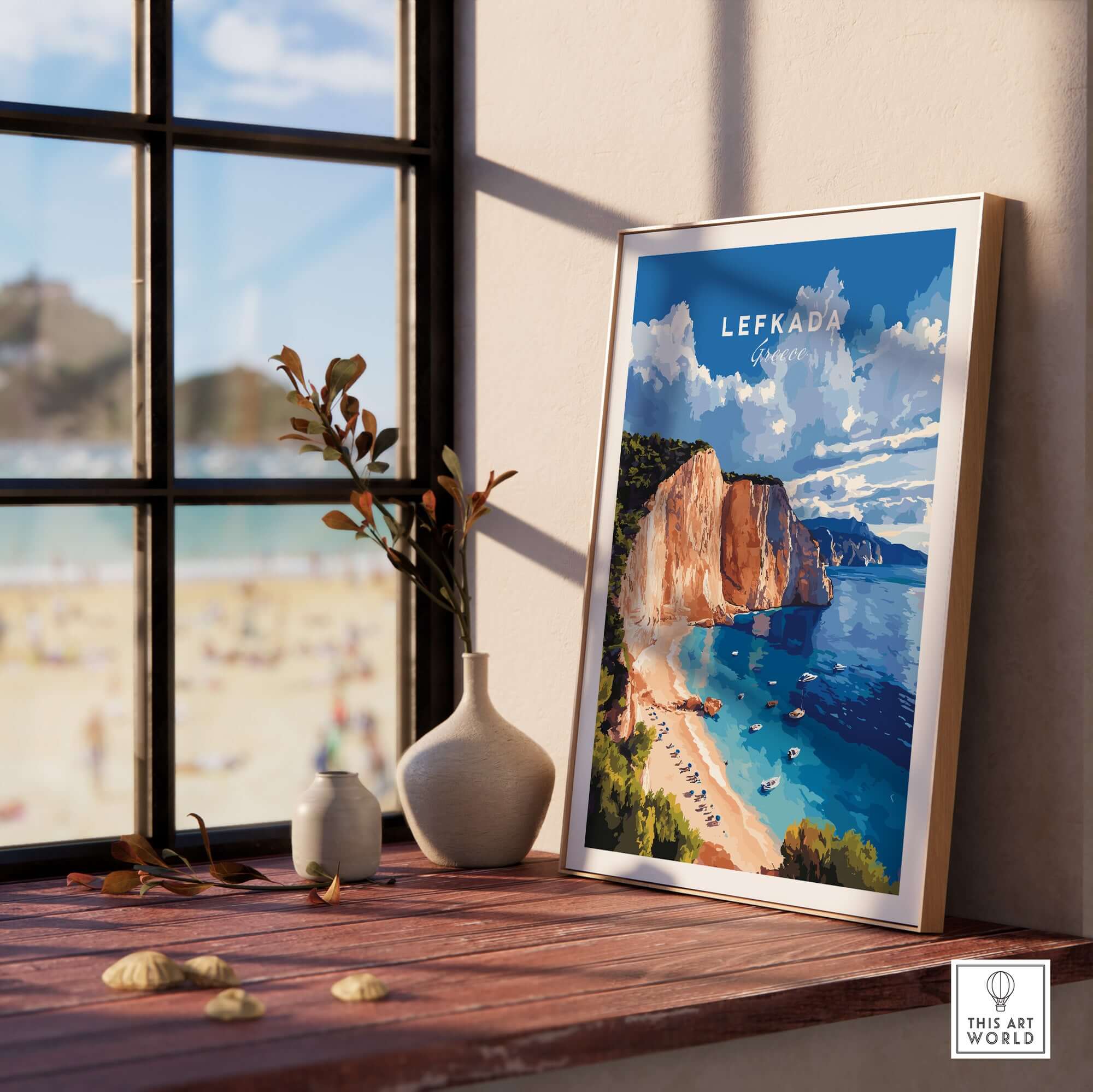 Lefkada Print Greece showcasing a vibrant beach scene framed in a sunny interior with a view of the ocean.