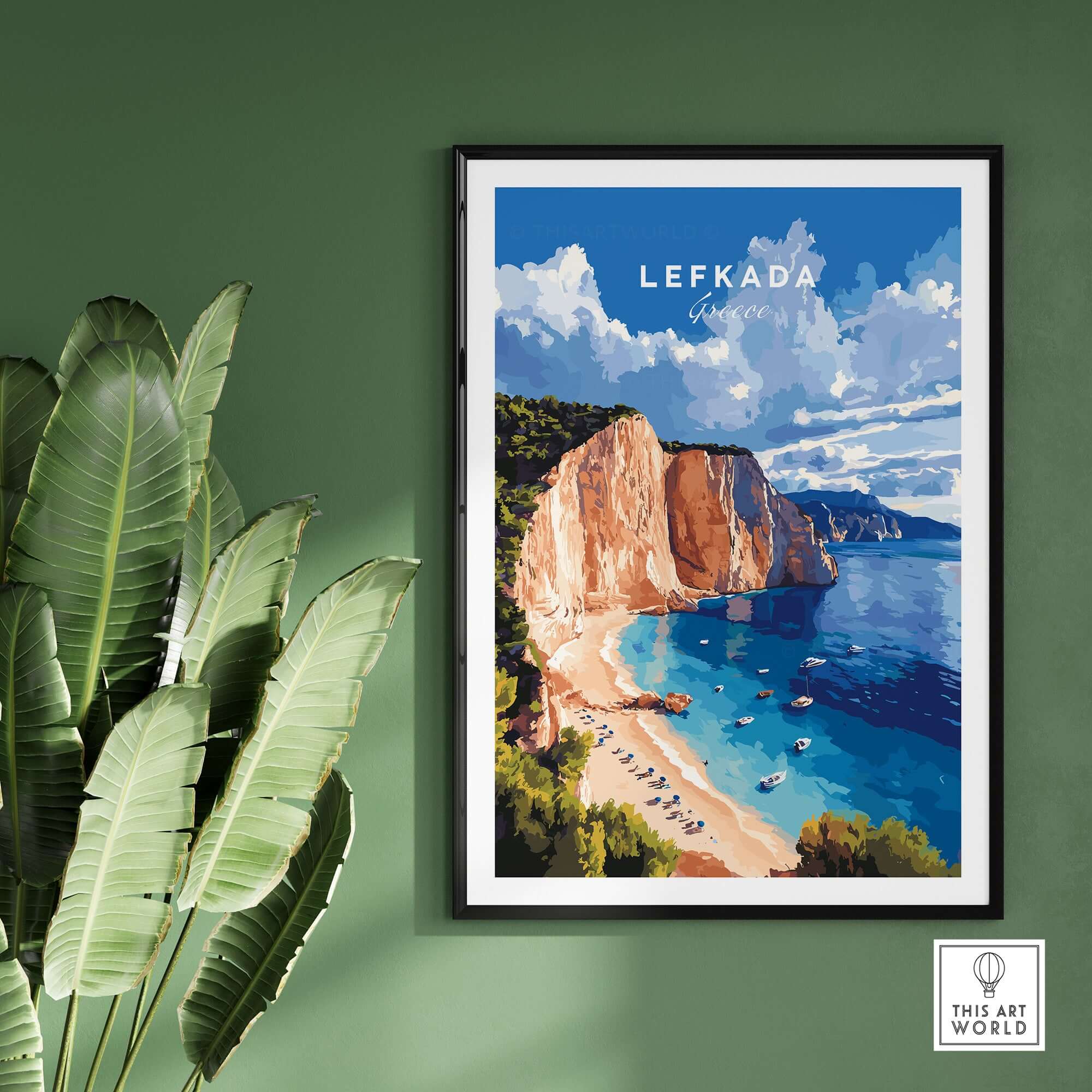 Lefkada Print Greece showcasing a vibrant beach scene and cliffs, perfect for Mediterranean decor.