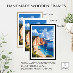 Handmade wooden frames in natural, white, and black showcasing Lefkada Print Greece for display.